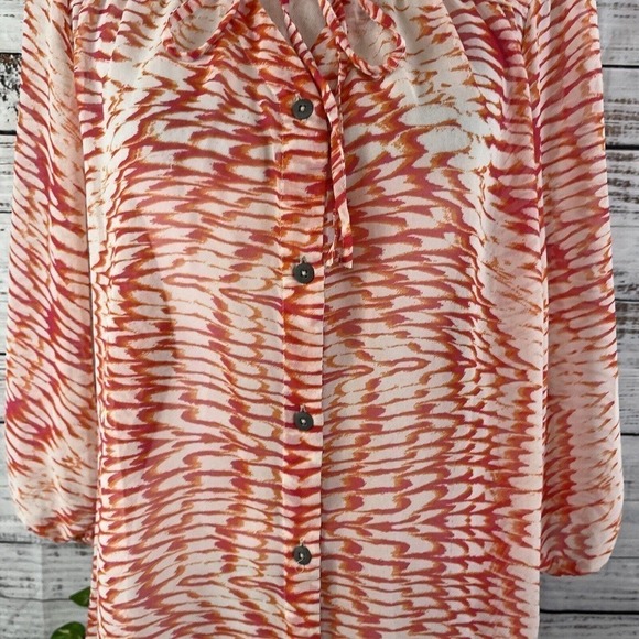 Nine West Blouse size Extra Large Orange Pink Sheer Ruffle Button Front Peasant - Picture 7 of 13